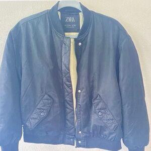 Zara Navy Bomber Jacket with Quilted Pockets
